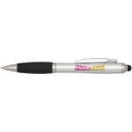Twist ballpoint pen with stylus and soft grip, black ink silver colour pad printing view
