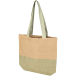 Woven straw bag with magnetic button and wide base 10L marbled green colour