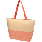 Woven straw paper bag with zip and base, 21L capacity mahogany colour