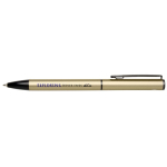 Recycled aluminium pen with twist mechanism and blue ink gold colour pad printing view