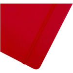 A4 hardback notebook with elastic closure and synthetic leather, ruled pages red colour close-up view 1