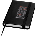A7 hardback notebook with faux leather cover, elastic closure and lined pages black colour pad printing view