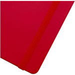 A7 hardback notebook with faux leather cover, elastic closure and lined pages red colour close-up view 1