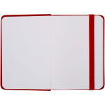 A7 hardback notebook with faux leather cover, elastic closure and lined pages red colour third front view