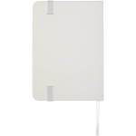 A7 hardback notebook with faux leather cover, elastic closure and lined pages white colour second rear view