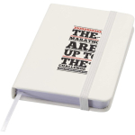 A7 hardback notebook with faux leather cover, elastic closure and lined pages white colour pad printing view