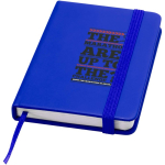 A7 hardback notebook with faux leather cover, elastic closure and lined pages royal blue colour pad printing view