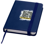 A7 hardback notebook with faux leather cover, elastic closure and lined pages navy-blue colour pad printing view