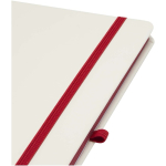 A5 hardback notebook with elastic closure and soft-touch finish, lined pages red colour close-up view 1