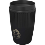 Reusable cup with 360° lid and insulating rim 350ml black colour printed logo view 2