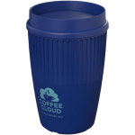 Reusable cup with 360° lid and insulating rim 350ml blue colour printed logo view 2