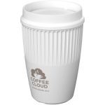 Reusable cup with 360° lid and insulating rim 350ml white colour printed logo view 2