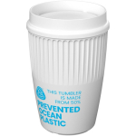 Reusable cup with 360° lid and insulating rim 350ml white colour view with logo