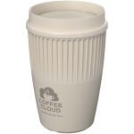 Reusable cup with 360° lid and insulating rim 350ml sand colour printed logo view 2