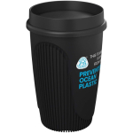 Single-wall cup with 360° lid and insulating rim 350ml black colour view with logo