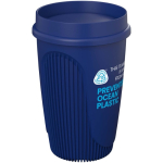 Single-wall cup with 360° lid and insulating rim 350ml blue colour view with logo
