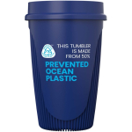 Single-wall cup with 360° lid and insulating rim 350ml blue colour second view with logo