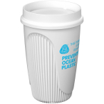 Single-wall cup with 360° lid and insulating rim 350ml white colour view with logo