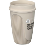 Single-wall cup with 360° lid and insulating rim 350ml sand colour view with logo