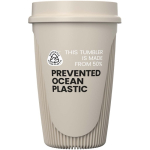 Single-wall cup with 360° lid and insulating rim 350ml sand colour second view with logo