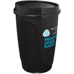 Reusable cup with clip lid and insulating band 350ml black colour view with logo