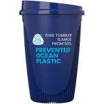 Reusable cup with clip lid and insulating band 350ml blue colour second view with logo