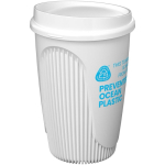 Reusable cup with clip lid and insulating band 350ml white colour view with logo