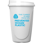Reusable cup with clip lid and insulating band 350ml white colour second view with logo