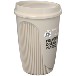 Reusable cup with clip lid and insulating band 350ml sand colour view with logo