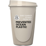 Reusable cup with clip lid and insulating band 350ml sand colour second view with logo