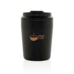 Plastic thermal coffee mug with drip-proof lid 220ml black colour view with logo