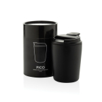 Plastic thermal coffee mug with drip-proof lid 220ml black colour view with box