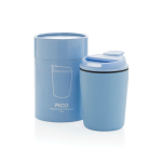 Plastic thermal coffee mug with drip-proof lid 220ml light blue colour view with box