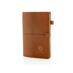 Refillable A5 PU notebook with pockets and elastic closure, lined pages brown colour view with logo