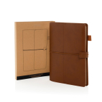 Refillable A5 PU notebook with pockets and elastic closure, lined pages brown colour view with box