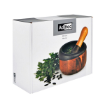 Cast iron mortar with handle and non-slip feet Crush AdHoc brown colour view with box