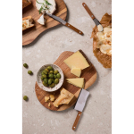 Cheese set with board and 3 stainless steel knives brown colour ambient view