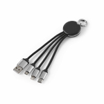 Compact 4-in-1 charging cable with keyring and illuminated logo 10W black colour front view