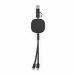Double retractable 3-in-1 bamboo charging cable, 1 m long black colour rear view
