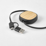 Double retractable 3-in-1 bamboo charging cable, 1 m long black colour detail view