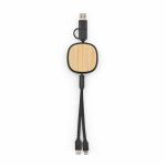 Double retractable 3-in-1 bamboo charging cable, 1 m long black colour front view