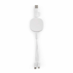 Double retractable 3-in-1 bamboo charging cable, 1 m long white colour rear view