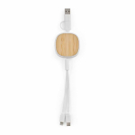Double retractable 3-in-1 bamboo charging cable, 1 m long white colour front view