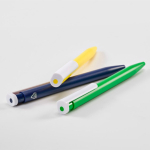 Recycled plastic pen with an ultra-lightweight design and blue ink detail view