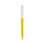 Pen with recycled plastic body, large clip and blue ink yellow colour front view