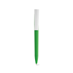 Pen with recycled plastic body, large clip and blue ink green colour front view