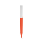 Pen with recycled plastic body, large clip and blue ink orange colour front view