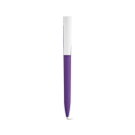 Pen with recycled plastic body, large clip and blue ink violet colour front view