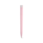 Pen with recycled plastic body, large clip and blue ink light pink colour rear view