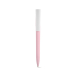 Pen with recycled plastic body, large clip and blue ink light pink colour front view